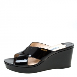 Pre Owned Prada Black Criss Cross Patent Leather Platform Wedge Sandals Size 41