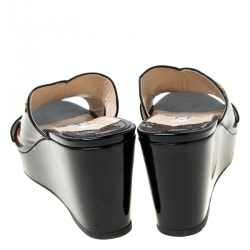 Pre Owned Prada Black Criss Cross Patent Leather Platform Wedge Sandals Size 41