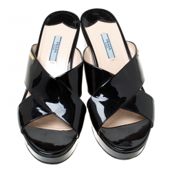 Pre Owned Prada Black Criss Cross Patent Leather Platform Wedge Sandals Size 41