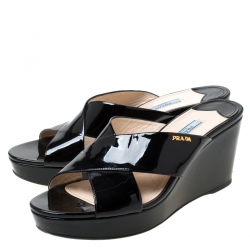 Pre Owned Prada Black Criss Cross Patent Leather Platform Wedge Sandals Size 41