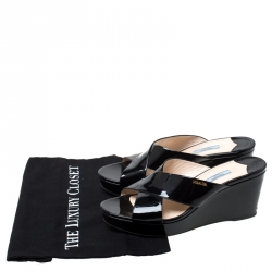 Pre Owned Prada Black Criss Cross Patent Leather Platform Wedge Sandals Size 41