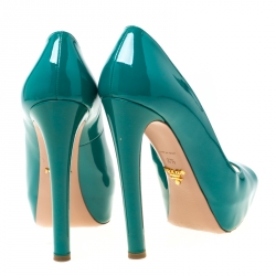 Pre Owned Prada Green Patent Leather Peep Toe Platform Pumps Size 37.5