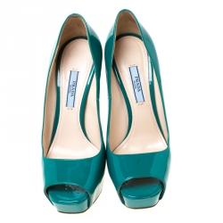 Pre Owned Prada Green Patent Leather Peep Toe Platform Pumps Size 37.5