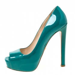 Pre Owned Prada Green Patent Leather Peep Toe Platform Pumps Size 37.5