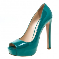 Pre Owned Prada Green Patent Leather Peep Toe Platform Pumps Size 37.5