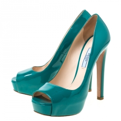 Pre Owned Prada Green Patent Leather Peep Toe Platform Pumps Size 37.5