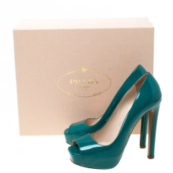 Pre Owned Prada Green Patent Leather Peep Toe Platform Pumps Size 37.5