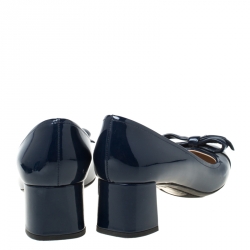 Pre Owned Prada Navy Blue Patent Leather Bow Detail Block Heels Pumps Size 36.5
