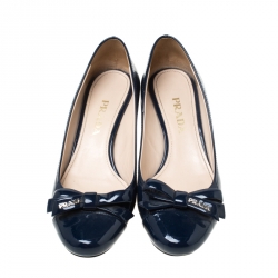 Pre Owned Prada Navy Blue Patent Leather Bow Detail Block Heels Pumps Size 36.5