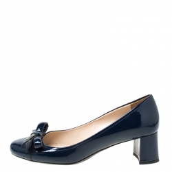Pre Owned Prada Navy Blue Patent Leather Bow Detail Block Heels Pumps Size 36.5