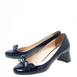 Pre Owned Prada Navy Blue Patent Leather Bow Detail Block Heels Pumps Size 36.5