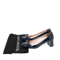 Pre Owned Prada Navy Blue Patent Leather Bow Detail Block Heels Pumps Size 36.5