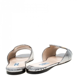Pre Owned Prada Metallic Gun Metal Embossed Snakeskin Leather Peep Toe Flat Slides Size 38.5