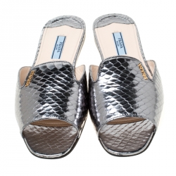 Pre Owned Prada Metallic Gun Metal Embossed Snakeskin Leather Peep Toe Flat Slides Size 38.5