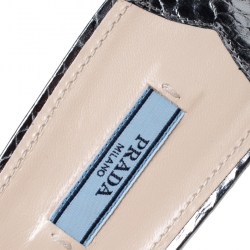 Pre Owned Prada Metallic Gun Metal Embossed Snakeskin Leather Peep Toe Flat Slides Size 38.5