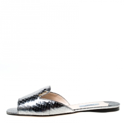 Pre Owned Prada Metallic Gun Metal Embossed Snakeskin Leather Peep Toe Flat Slides Size 38.5