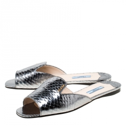 Pre Owned Prada Metallic Gun Metal Embossed Snakeskin Leather Peep Toe Flat Slides Size 38.5