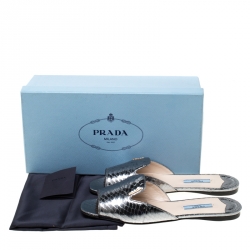 Pre Owned Prada Metallic Gun Metal Embossed Snakeskin Leather Peep Toe Flat Slides Size 38.5