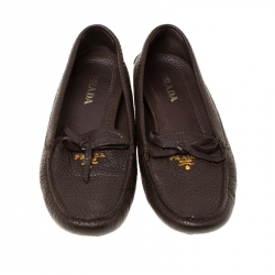 Pre Owned Prada Brown Leather Bow Slip On Loafers Size 37
