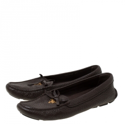 Pre Owned Prada Brown Leather Bow Slip On Loafers Size 37