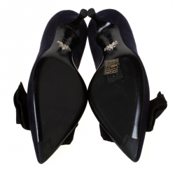 Pre Owned Prada Navy Blue Bow Suede Kitten Heel Pumps Size 37.5