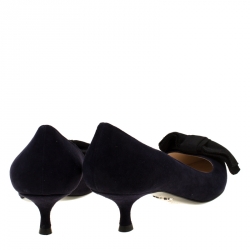 Pre Owned Prada Navy Blue Bow Suede Kitten Heel Pumps Size 37.5