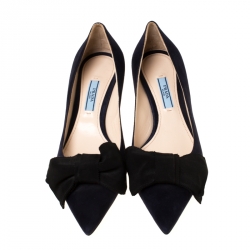 Pre Owned Prada Navy Blue Bow Suede Kitten Heel Pumps Size 37.5