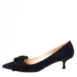 Pre Owned Prada Navy Blue Bow Suede Kitten Heel Pumps Size 37.5
