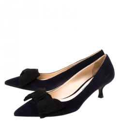 Pre Owned Prada Navy Blue Bow Suede Kitten Heel Pumps Size 37.5