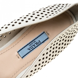 Pre Owned Prada White Perforated Leather Bow Pointed Toe Ballet Flats Size 37.5
