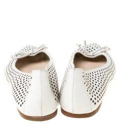 Pre Owned Prada White Perforated Leather Bow Pointed Toe Ballet Flats Size 37.5