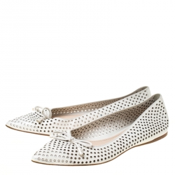 Pre Owned Prada White Perforated Leather Bow Pointed Toe Ballet Flats Size 37.5