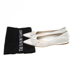 Pre Owned Prada White Perforated Leather Bow Pointed Toe Ballet Flats Size 37.5