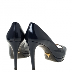 Pre Owned Prada Navy Blue Patent Leather Peep Toe Platform Pumps Size 35