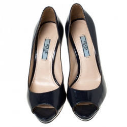 Pre Owned Prada Navy Blue Patent Leather Peep Toe Platform Pumps Size 35