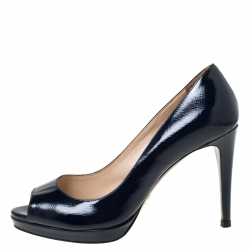 Pre Owned Prada Navy Blue Patent Leather Peep Toe Platform Pumps Size 35