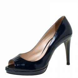Pre Owned Prada Navy Blue Patent Leather Peep Toe Platform Pumps Size 35