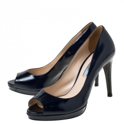 Pre Owned Prada Navy Blue Patent Leather Peep Toe Platform Pumps Size 35