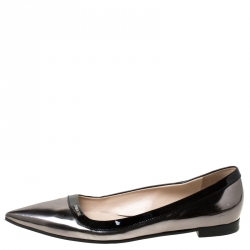 Pre Owned Prada Black/Gunmetal Patent Leather Pointed Toe Flats Size 40