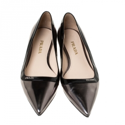 Pre Owned Prada Black/Gunmetal Patent Leather Pointed Toe Flats Size 40