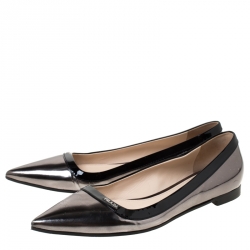 Pre Owned Prada Black/Gunmetal Patent Leather Pointed Toe Flats Size 40