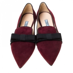 Pre Owned Prada Burgundy/Black Suede Bow Pointed Toe Flats Size 40