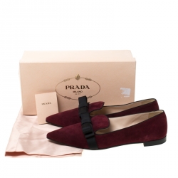 Pre Owned Prada Burgundy/Black Suede Bow Pointed Toe Flats Size 40
