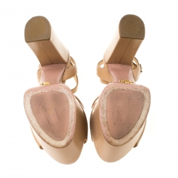 Pre Owned Prada Beige Patent Leather Ankle Strap Block Heel Platform Sandals Size 38