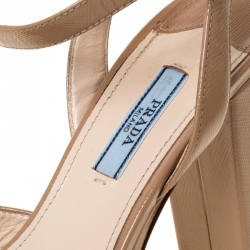 Pre Owned Prada Beige Patent Leather Ankle Strap Block Heel Platform Sandals Size 38