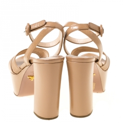 Pre Owned Prada Beige Patent Leather Ankle Strap Block Heel Platform Sandals Size 38