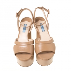 Pre Owned Prada Beige Patent Leather Ankle Strap Block Heel Platform Sandals Size 38