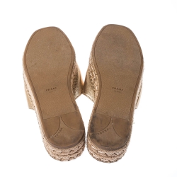 Pre Owned Prada Gold Metallic Leather Espadrille Platform Slides Size 38.5