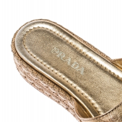 Pre Owned Prada Gold Metallic Leather Espadrille Platform Slides Size 38.5