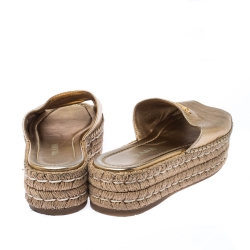 Pre Owned Prada Gold Metallic Leather Espadrille Platform Slides Size 38.5